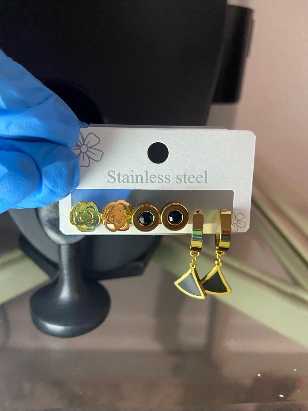 Gold-Tone Stainless Steel Mixed Earring Set with Black Accents